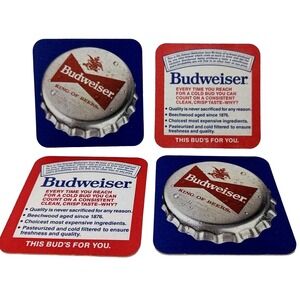 Budweiser King of Beers Coasters Set of 4 Bottle Cap & Ad Graphics